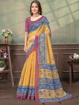 Odette - Mustard Cotton Blend Printed Saree with Unstitched Blouse