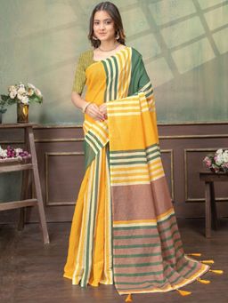 Odette - Yellow And Green Cotton Blend Printed Saree with Unstitched Blouse