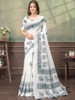 Odette - White Cotton Blend Printed Saree with Unstitched Blouse