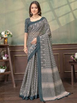 Odette - Grey Cotton Blend Printed Saree with Unstitched Blouse