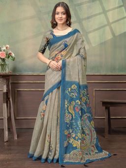 Odette - Grey Cotton Blend Printed Saree with Unstitched Blouse