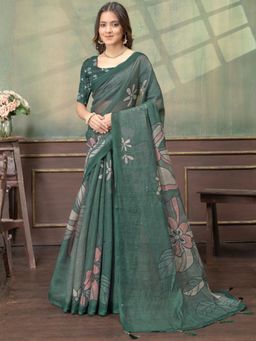 Odette - Deep Green Cotton Blend Printed Saree with Unstitched Blouse