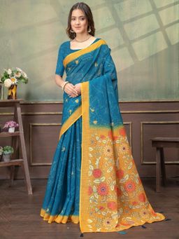 Odette - Teal Blue Cotton Blend Printed Saree with Unstitched Blouse