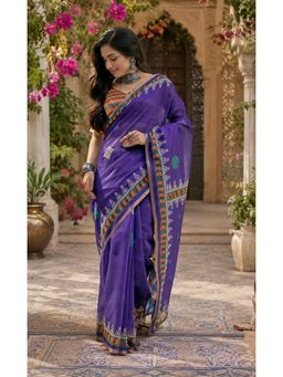 Elora - Purple Linen Floral Motifs Saree with Unstitched Blouse