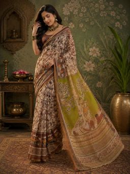 Elora - Cream and Brown Linen Kalamkari Saree with Unstitched Blouse