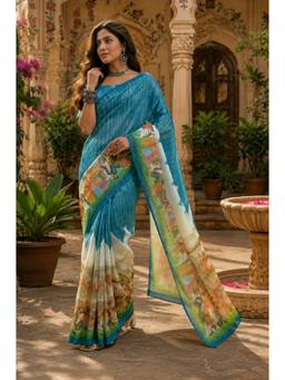 Elora - Slate Blue Linen Screen Print Saree with Unstitched Blouse