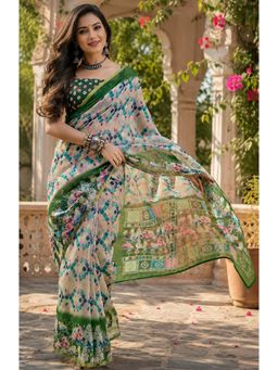 Elora - Green Linen Geometric Grid Saree with Unstitched Blouse