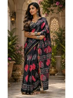 Elora - Black Linen Batik Print Saree with Unstitched Blouse