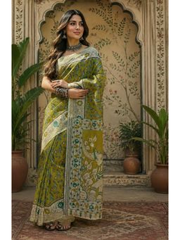 Elora - Olive Green Linen Saree with Unstitched Blouse