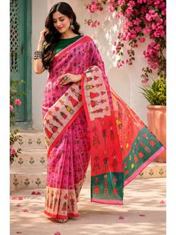 Elora - Baby Pink Linen Folk Figurines Saree with Unstitched Blouse