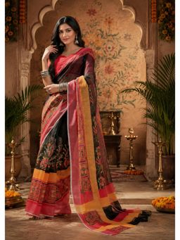 Elora - Multicolour Linen Floral Motifs Saree with Unstitched Blouse