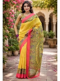 Elora - Canary Yellow Linen Madhubani Saree with Unstitched Blouse