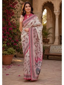 Elora - Off White Linen Pasiley Motifs Saree with Unstitched Blouse
