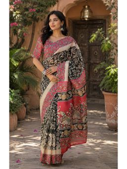 Elora - Black Linen Kalamkari Saree with Unstitched Blouse