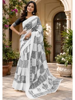 Elora - White and Black Linen Check Saree with Unstitched Blouse