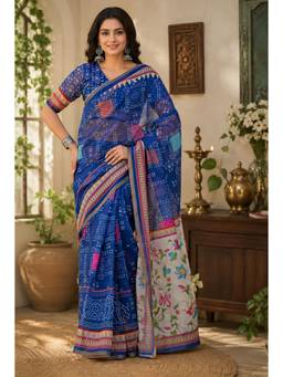 Elora - Royal Blue Linen Bandhani Saree with Unstitched Blouse