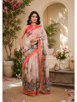 Elora - Ivory Linen Abstract Floral Saree with Unstitched Blouse