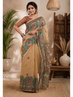 Elora - Beige Linen Madhubani Saree with Unstitched Blouse