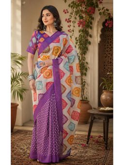 Elora - Cream and Purple Linen Saree with Unstitched Blouse