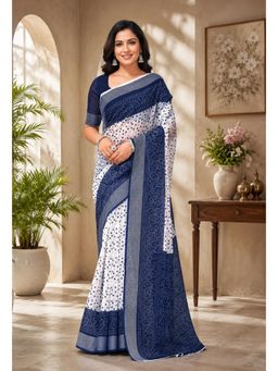 Elora - White and Blue Linen Bandhani Saree with Unstitched Blouse