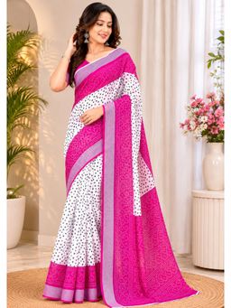 Elora - White and Pink Linen Bandhani Saree with Unstitched Blouse