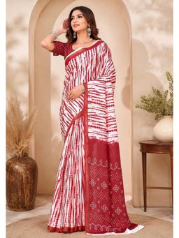 Elora - White and Red Linen Saree with Unstitched Blouse