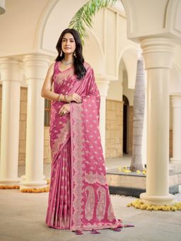 Manohari - Womens Baby Pink Satin Silk Blend Woven Saree with Unstitched Blouse