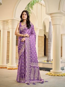 Manohari - Womens Purple Satin Silk Blend Woven Saree with Unstitched Blouse