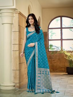 Manohari - Womens Teal Blue Satin Silk Blend Woven Saree with Unstitched Blouse