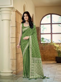 Manohari - Womens Green Satin Silk Blend Woven Saree with Unstitched Blouse