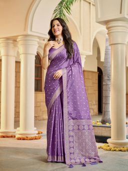 Manohari - Womens Purple Satin Silk Blend Woven Saree with Unstitched Blouse