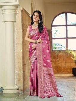 Manohari - Womens Baby Pink Silk Blend Woven Saree with Unstitched Blouse
