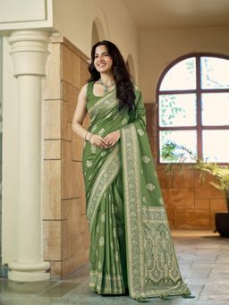 Manohari - Womens Green Silk Blend Woven Saree with Unstitched Blouse