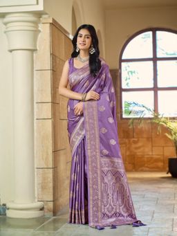 Manohari - Womens Purple Silk Blend Woven Saree with Unstitched Blouse