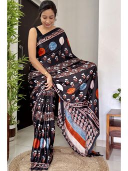 Mysilklove - Anthracite Black Printed Crepe Saree with Unstitched Blouse