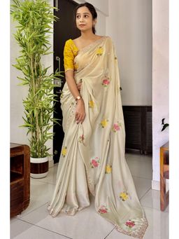 Mysilklove - Dutch Cream and Yellow Chiffon Floral Saree with Unstitched Blouse