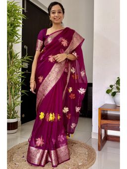 Mysilklove - Rose Pink Woven Tissue Floral Saree with Unstitched Blouse