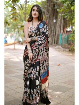 Mysilklove - Onyx Black Printed Polka Dots Satin Crepe Saree with Unstitched Blouse