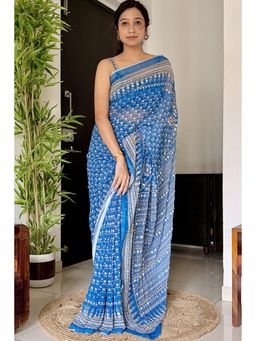 Mysilklove - Blue Ajrakh Georgette Mirror Work Saree with Unstitched Blouse