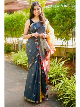 Mysilklove - Ink Black and Yellow Handloom Cotton Saree with Unstitched Blouse