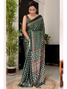 Mysilklove - Hunter Green Modal Ajrakh Mirror Work Saree with Unstitched Blouse