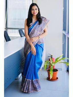 Mysilklove - Cobalt Blue Madhubani Printed Silk Saree with Unstitched Blouse
