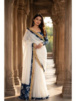 AMRUTKALA SAREES - White Designer Linen Printed Saree with Unstitched Blouse