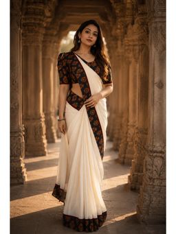 AMRUTKALA SAREES - White Designer Linen Printed Saree with Unstitched Blouse