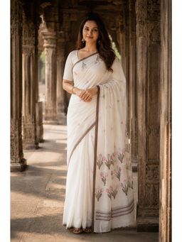 AMRUTKALA SAREES - White Designer Linen Printed Saree with Unstitched Blouse