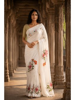 AMRUTKALA SAREES - White Designer Linen Printed Saree with Unstitched Blouse