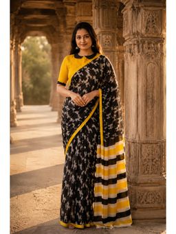 AMRUTKALA SAREES - Black Designer Linen Printed Saree with Unstitched Blouse