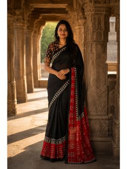 AMRUTKALA SAREES - Black Designer Linen Printed Saree with Unstitched Blouse