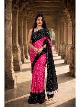 AMRUTKALA SAREES - Pink Designer Linen Printed Saree with Unstitched Blouse