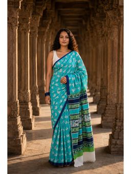 AMRUTKALA SAREES - Teal Designer Linen Printed Saree with Unstitched Blouse
